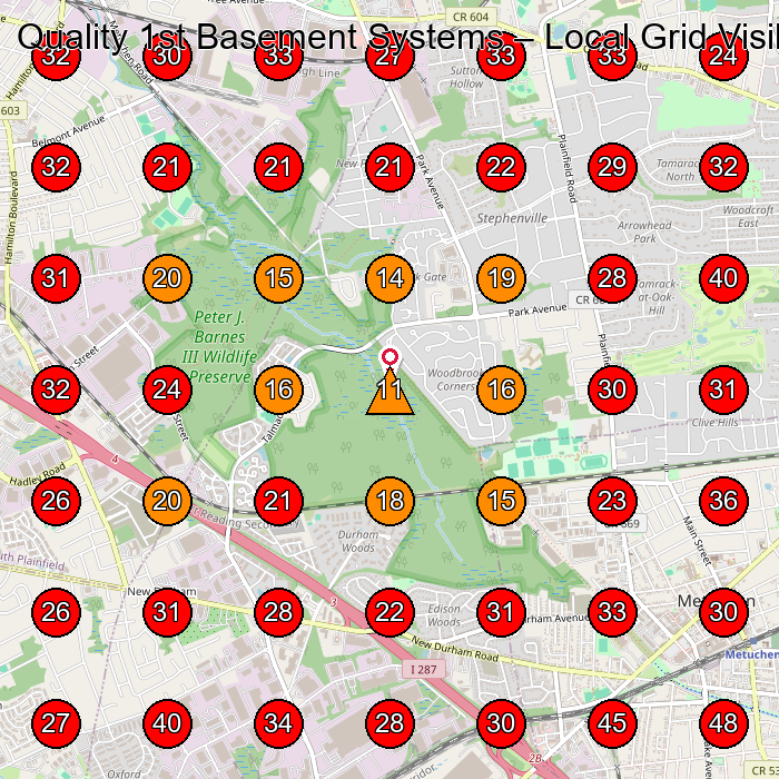 Quality 1st Basement Systems GeoGrid visibility map for Concrete Contractor in South River